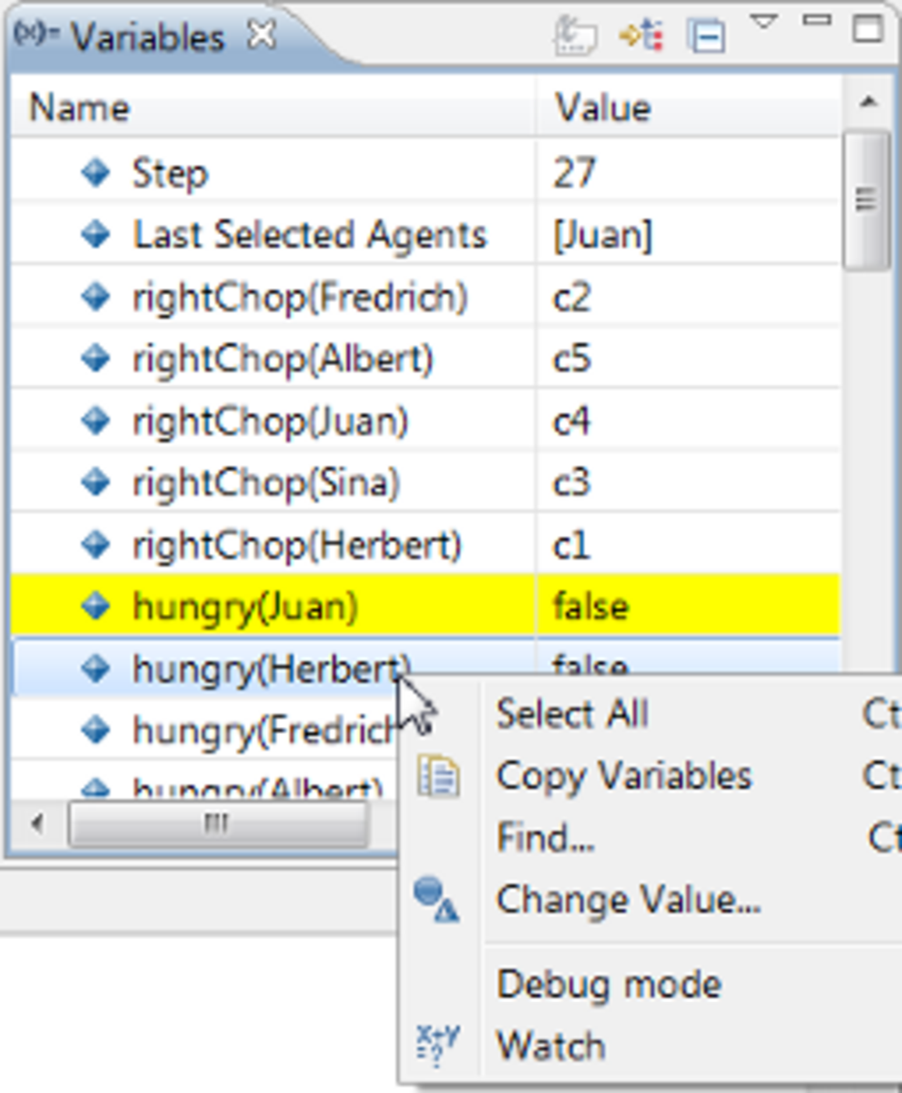 Fig. 7 The variables view presenting the current state of the CoreASM execution