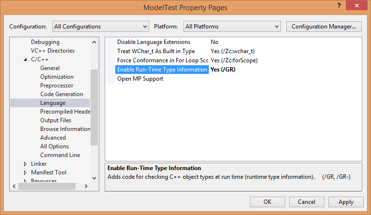 Screenshot C++ RTTI settings