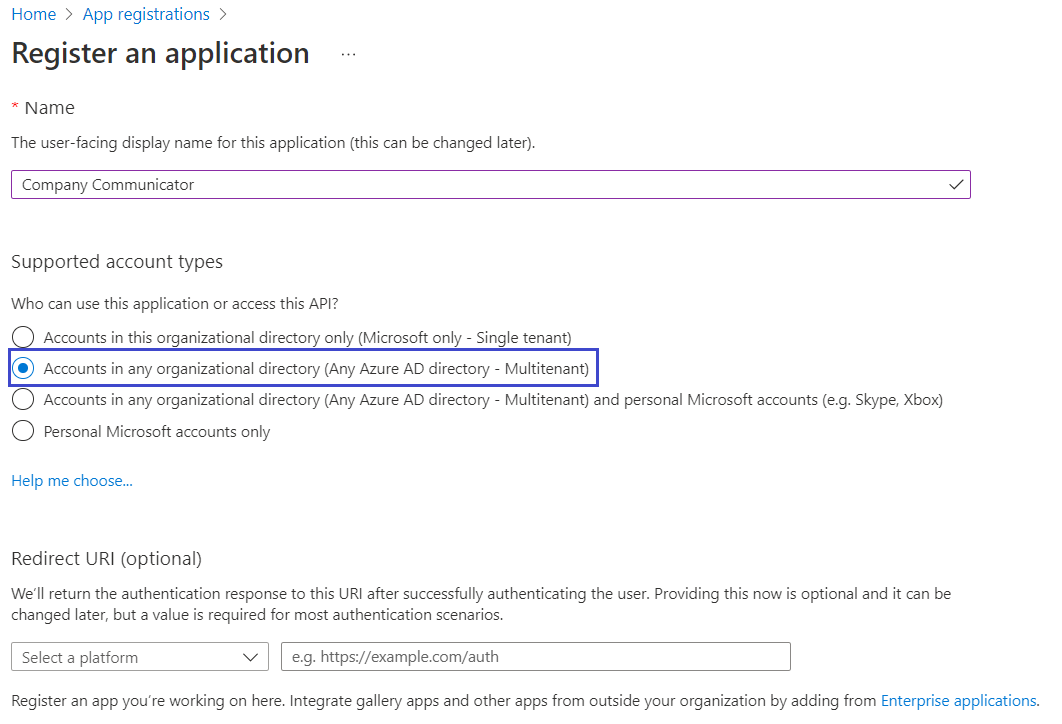 Azure AD app registration page