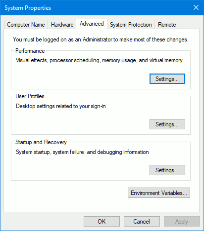 MinGW-w64 system properties window