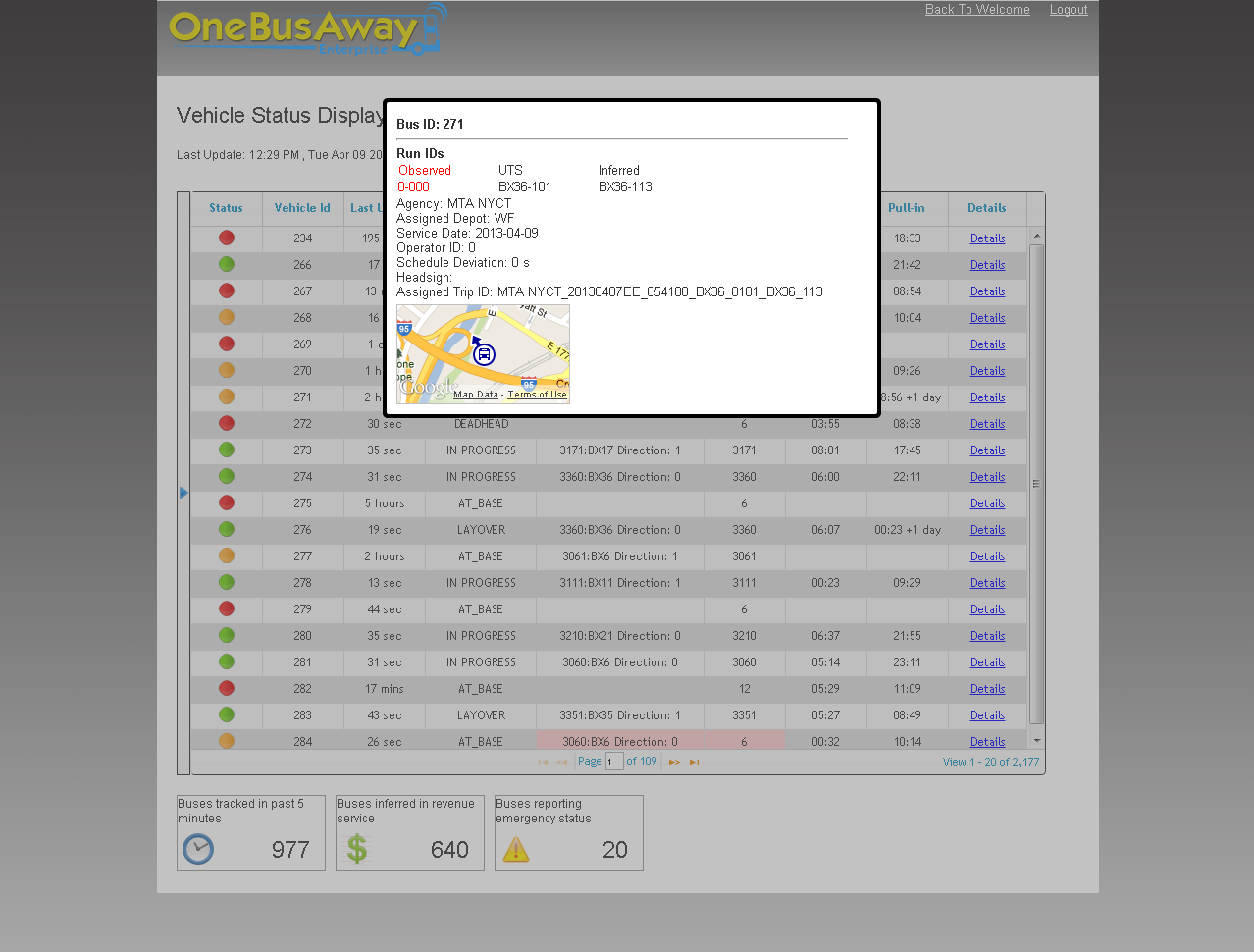 Vehicle Status Details page