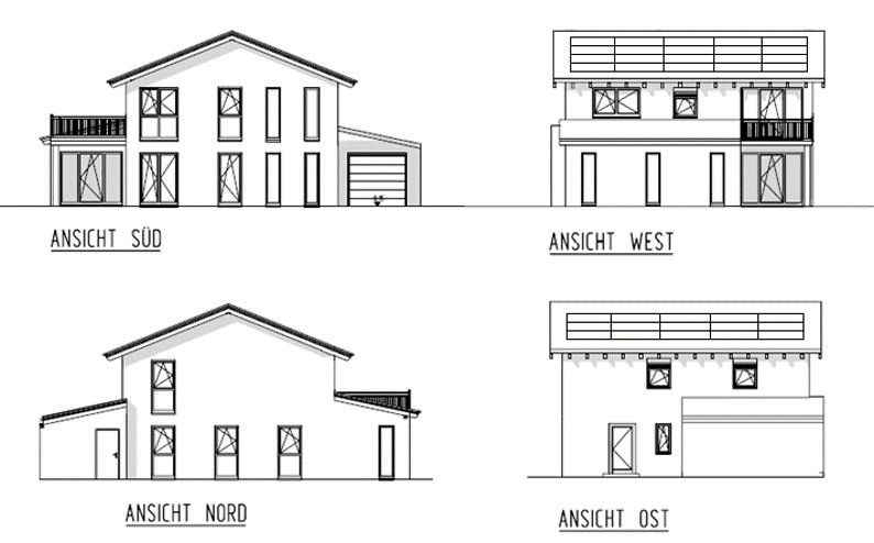 Bauplan Solarhaus - Ansichten