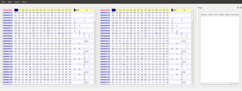 Hanalyse with a file open, showing two hex panes and tag table.