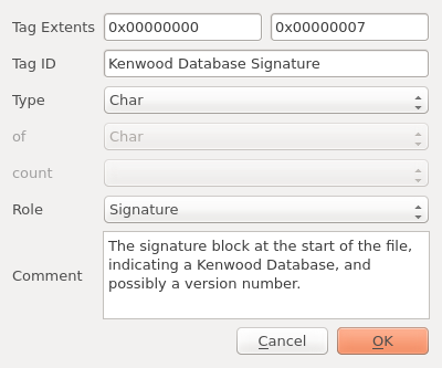 Tag dialog with signature data entered.