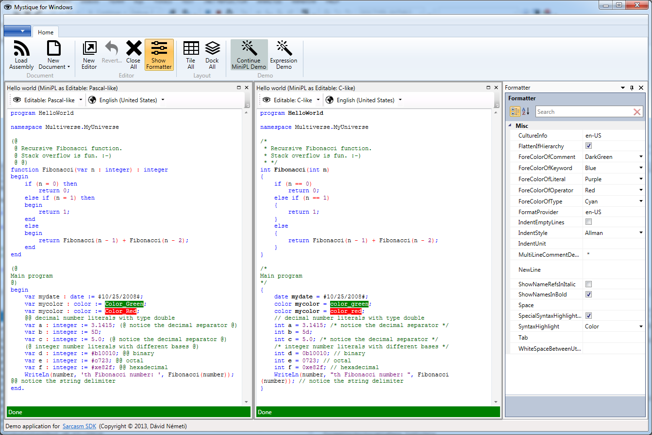 Pascal-like and C-like views of the same document in Mystique