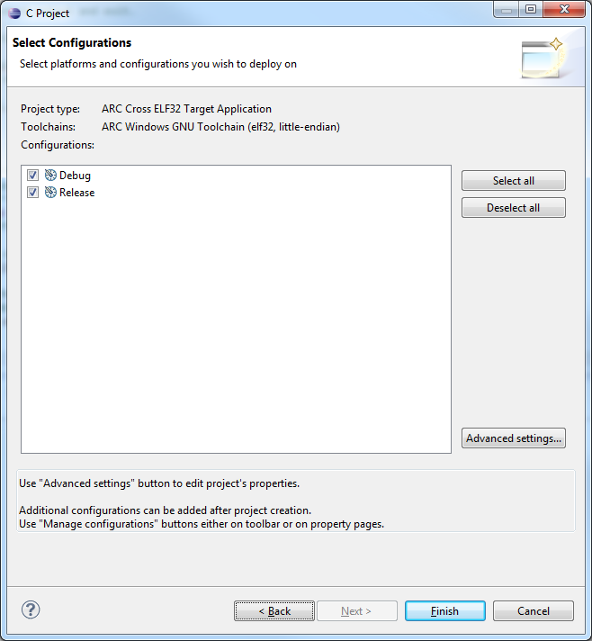 C Project creation: Configurations Dialog