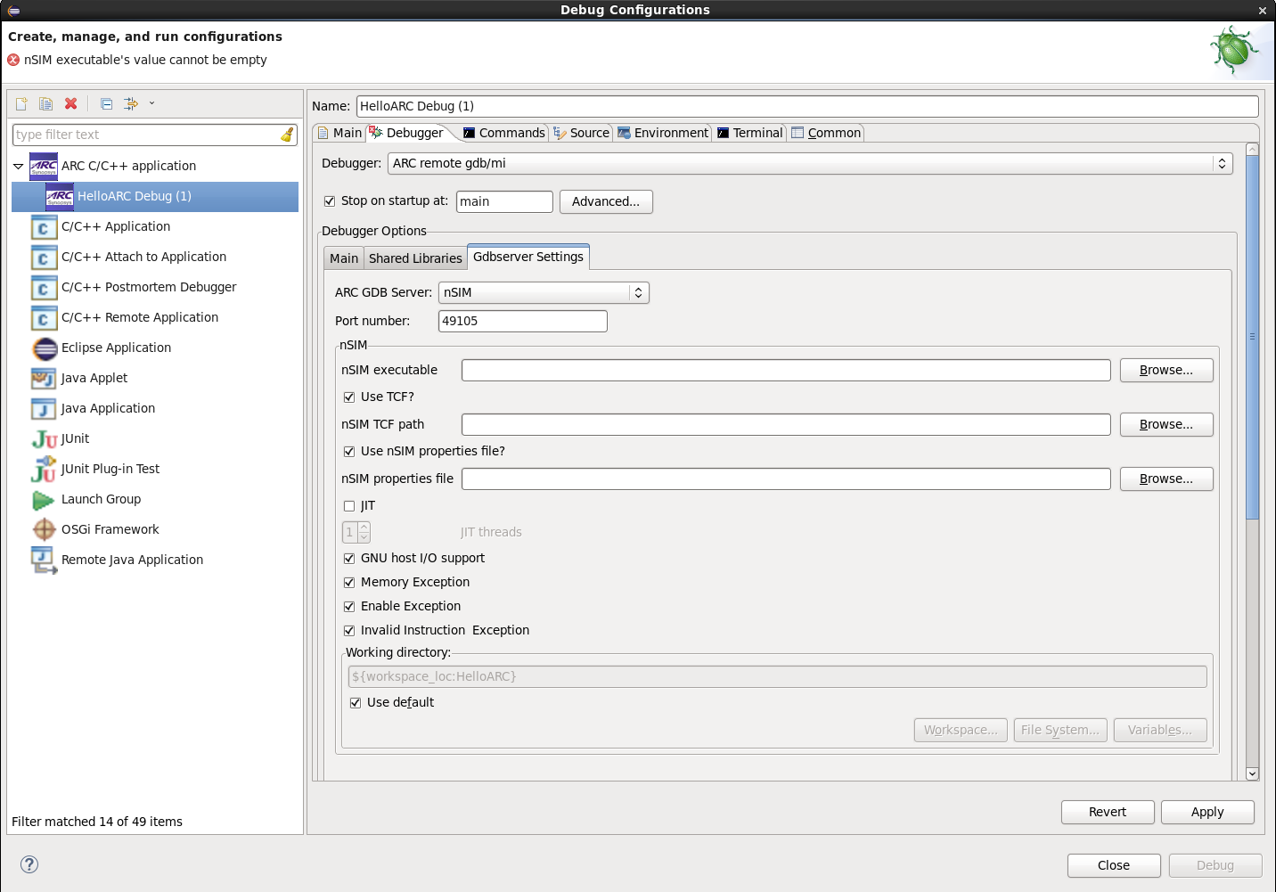 Choosing nSIM on debug tab