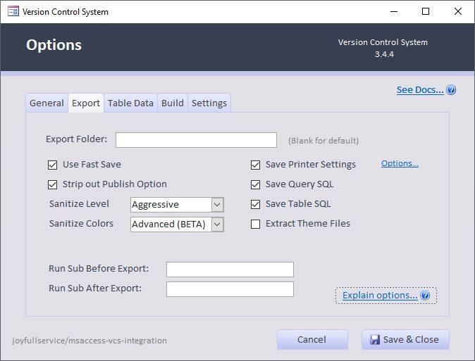 Export Options Tab