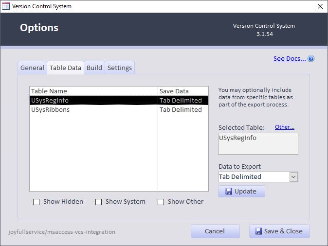 Table Data Options Tab Image