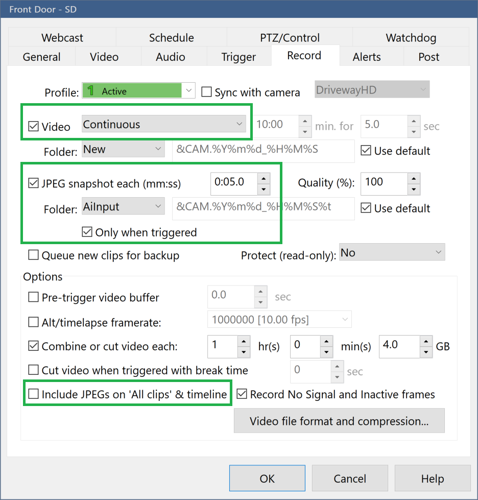 SD camera record settings