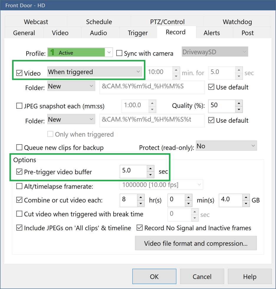 HD camera record settings