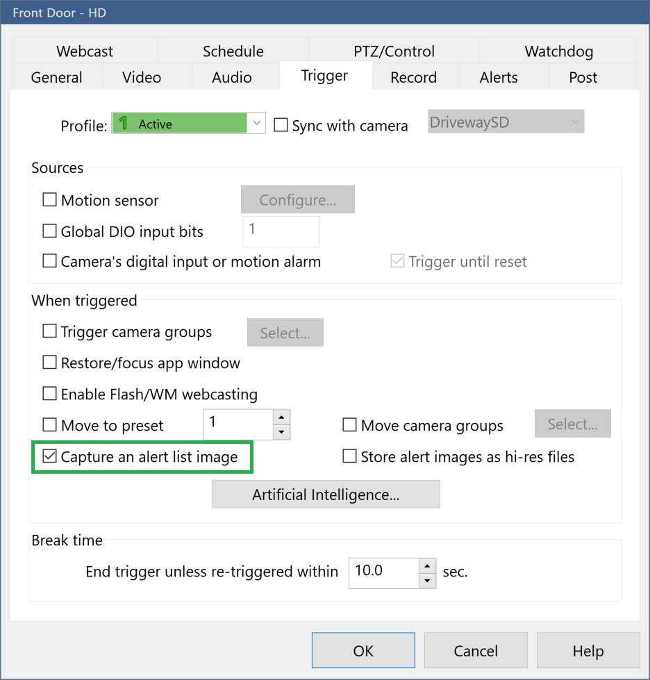 HD camera trigger settings