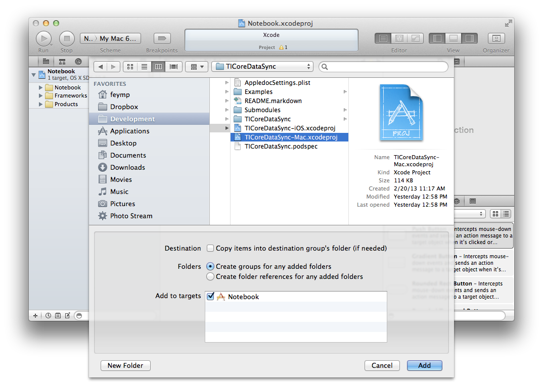 Adding the TICoreDataSync-Mac Xcode project to the Notebook project