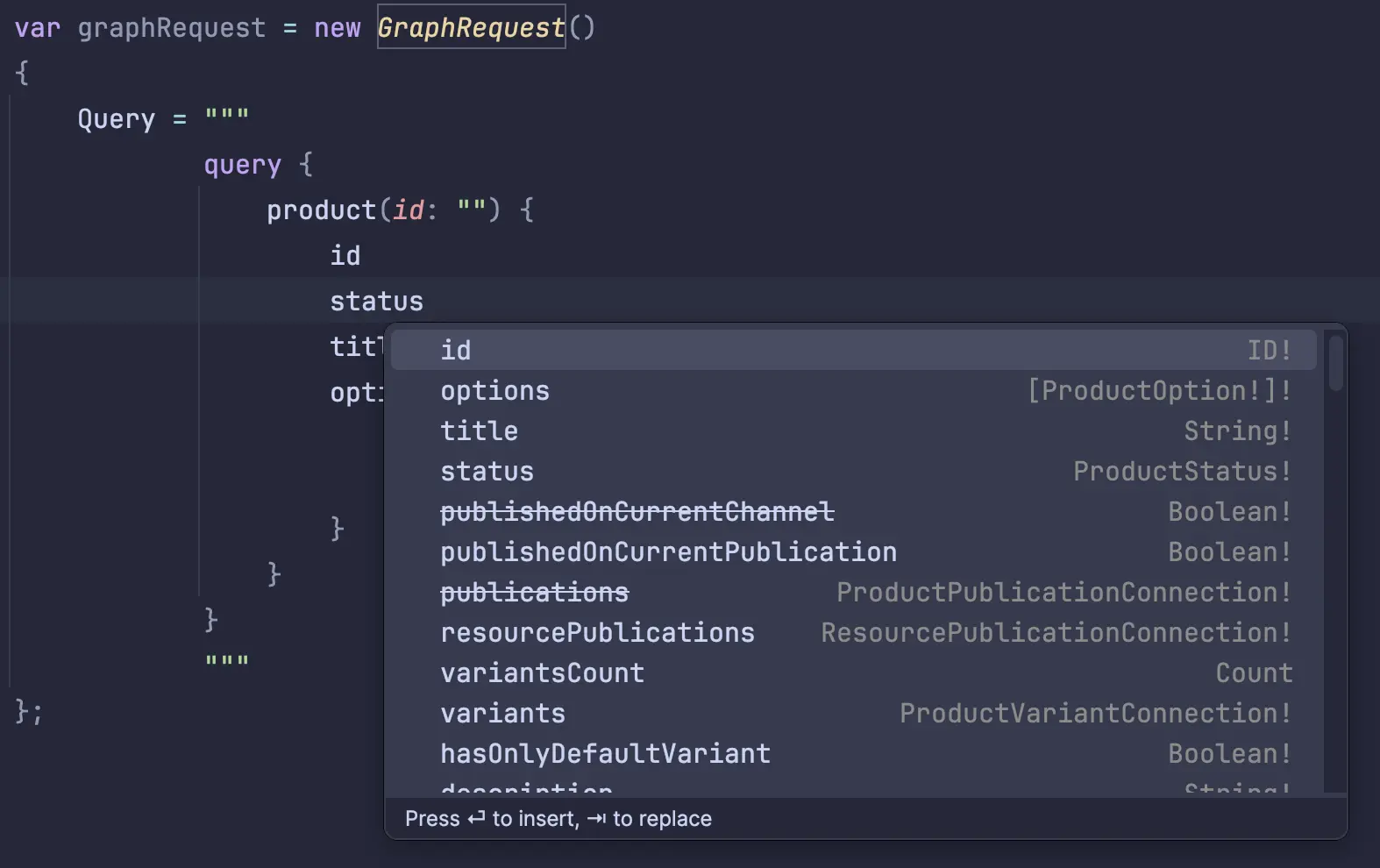 JetBrains Rider showing intellisense and autocomplete for Shopify GraphQL queries with ShopifySharp