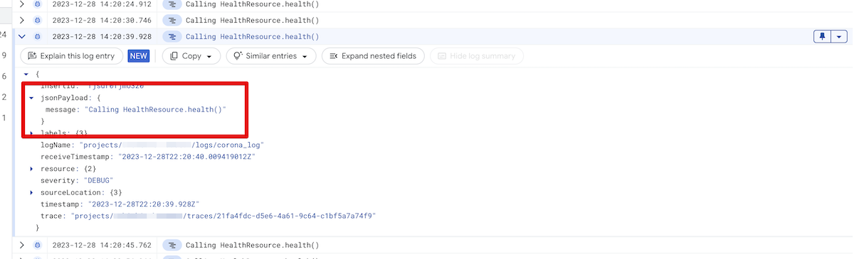 Log entry with jsonPayload